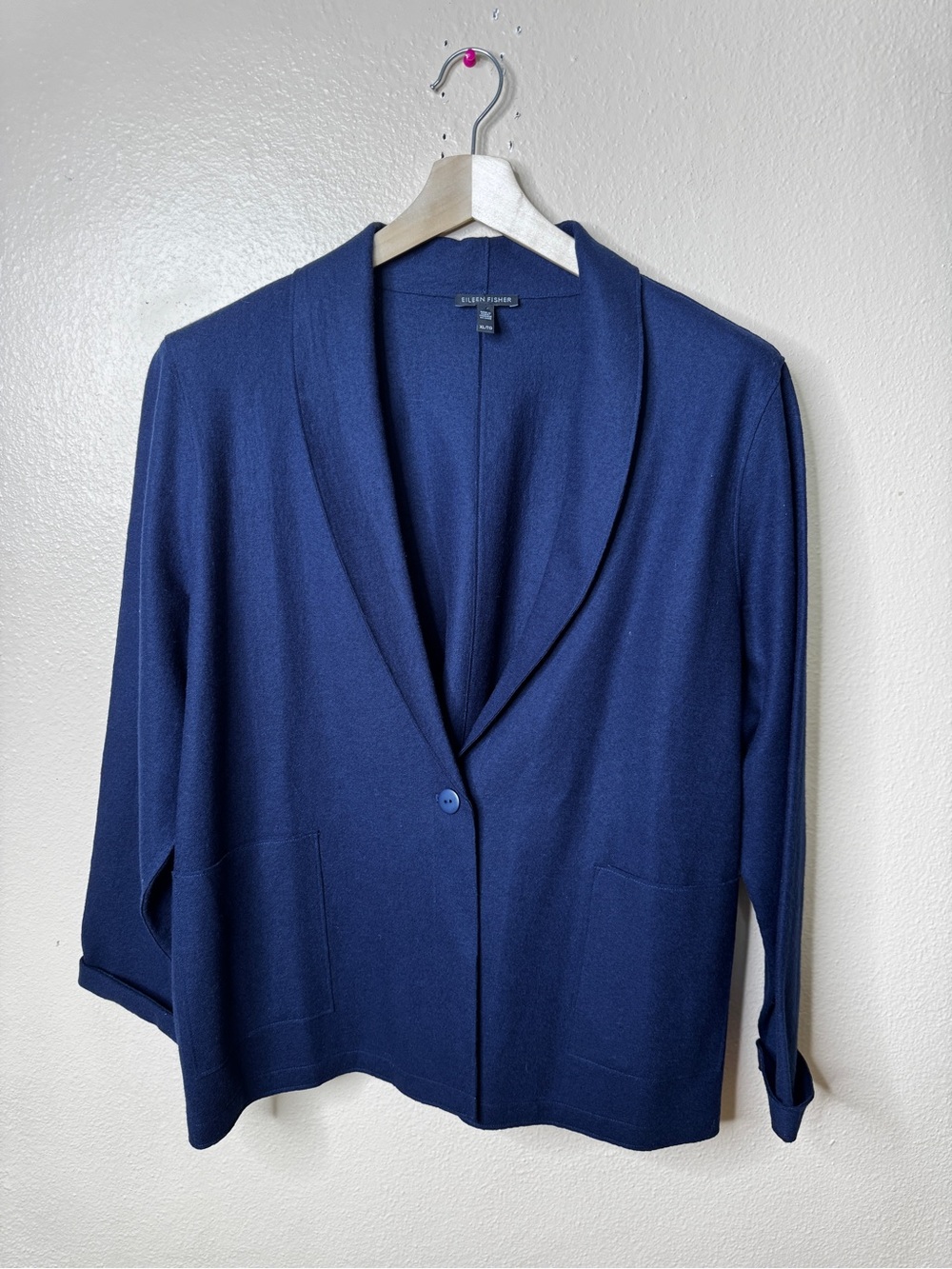 Eileen Fisher Womens XL Blue 100% Wool One Button Blazer Jacket Pockets